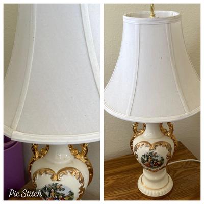 LOT 142  PAIR OF VINTAGE CERAMIC TABLE LAMPS COURTING COUPLE GOLD TRIM