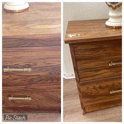 LOT 143  PAIR OF OAK WOOD GRAIN BEDSIDE CABINETS 2 DRAWERS