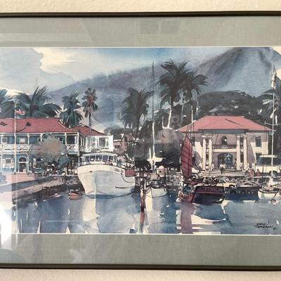 LOT 144  FRAMED W/C PRINT HARBOR LANAI HAWAII VERN TREMEMEN