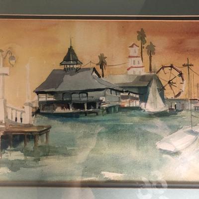 LOT 145  FRAMED WATER COLOR SIGNED BARBARA SHELDON NEWPORT BEACH PIER