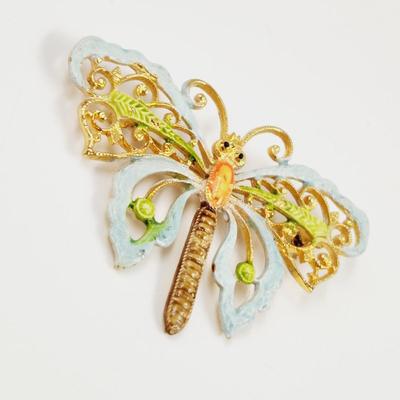 VINTAGE ART SIGNED PAINTED GOLD TONED BUTTERFLY BROOCH ðŸ¦‹