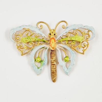 VINTAGE ART SIGNED PAINTED GOLD TONED BUTTERFLY BROOCH ðŸ¦‹