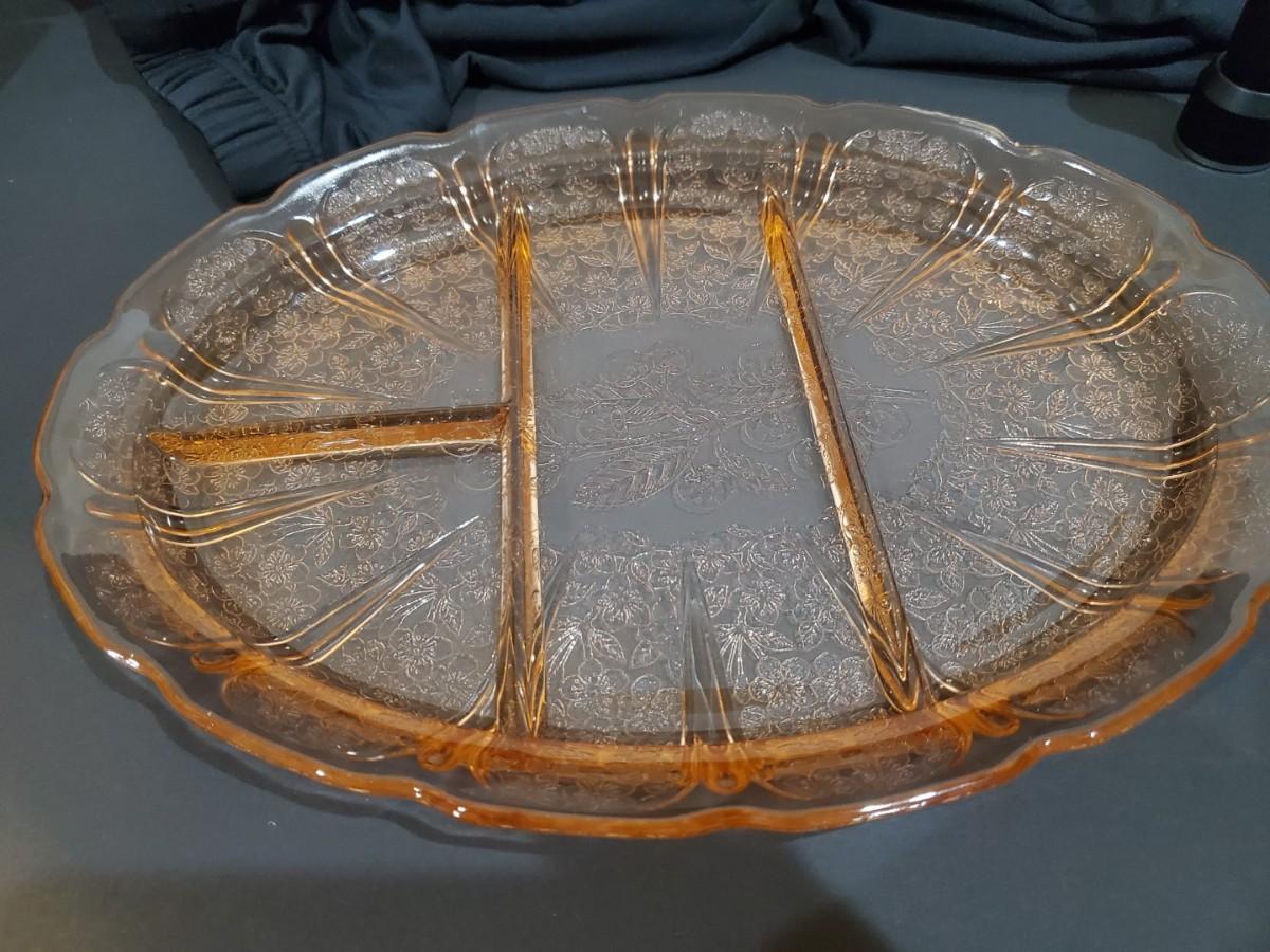 Pink depression glass divided platter