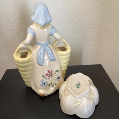 LOT 153  VINTAGE POTTERY FLOWER GIRL & BELLEEK SHELL DISH