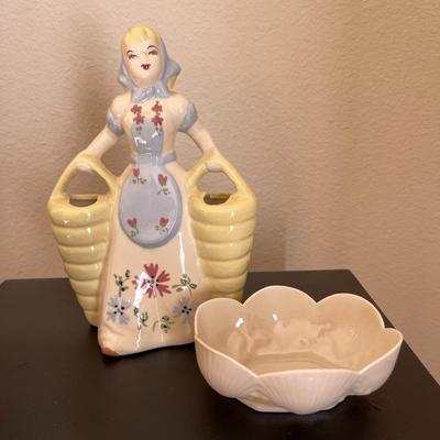 LOT 153  VINTAGE POTTERY FLOWER GIRL & BELLEEK SHELL DISH