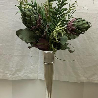 1468 Vintage Lacquered Brass Tall Silver Vase & Faux Flowers