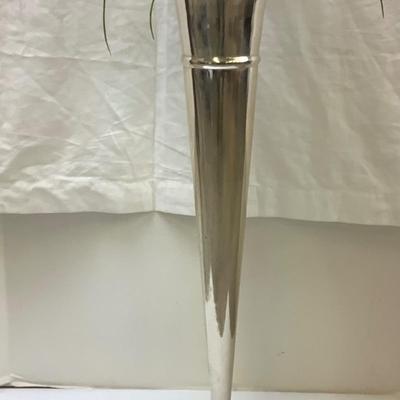 1468 Vintage Lacquered Brass Tall Silver Vase & Faux Flowers