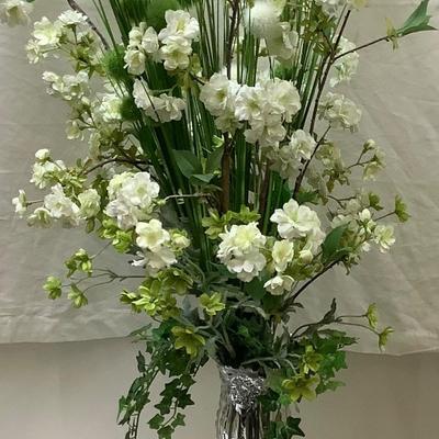 1469 Vintage Cut Glass Vase with Silk Greenery and Flowers