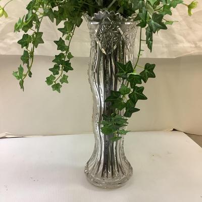 1469 Vintage Cut Glass Vase with Silk Greenery and Flowers
