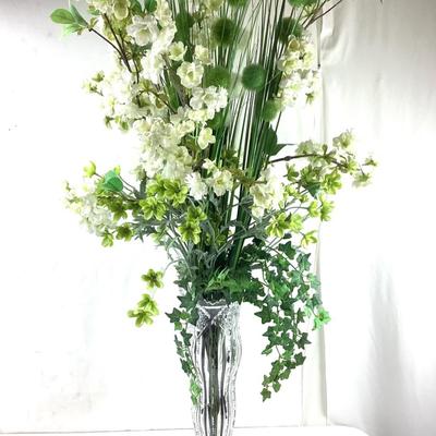 1469 Vintage Cut Glass Vase with Silk Greenery and Flowers