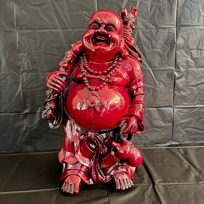Large 2 Ft Tall Red Lacquer Wood Asian Smiling Buddha Man Statue