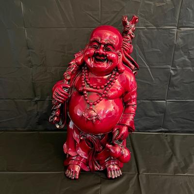 Large 2 Ft Tall Red Lacquer Wood Asian Smiling Buddha Man Statue