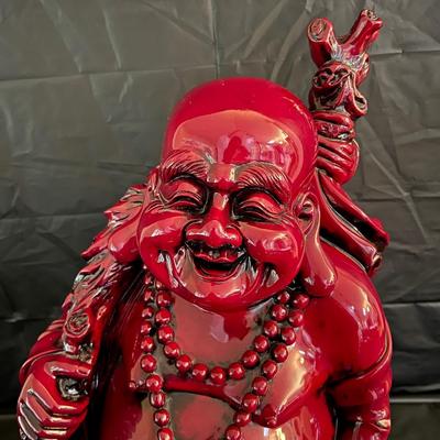 Large 2 Ft Tall Red Lacquer Wood Asian Smiling Buddha Man Statue