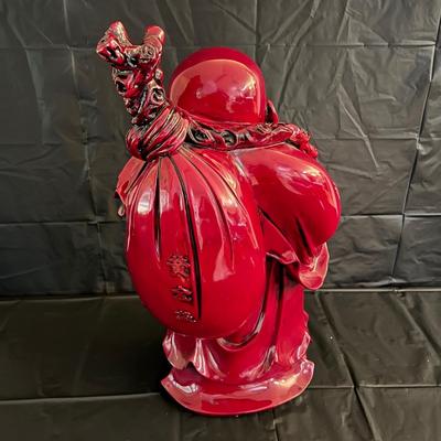 Large 2 Ft Tall Red Lacquer Wood Asian Smiling Buddha Man Statue