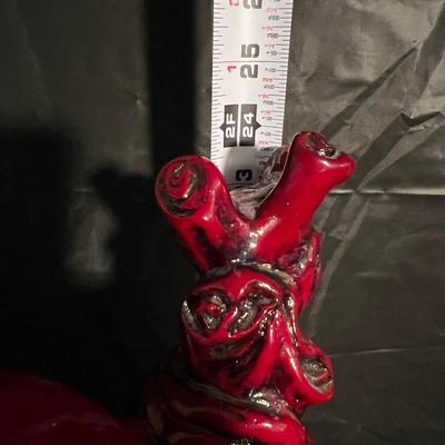 Large 2 Ft Tall Red Lacquer Wood Asian Smiling Buddha Man Statue