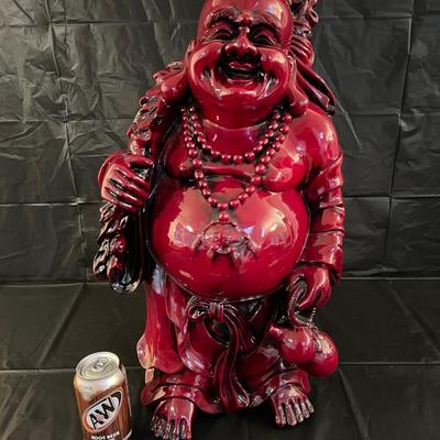 Large 2 Ft Tall Red Lacquer Wood Asian Smiling Buddha Man Statue