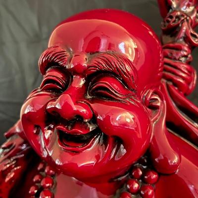 Large 2 Ft Tall Red Lacquer Wood Asian Smiling Buddha Man Statue