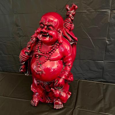 Large 2 Ft Tall Red Lacquer Wood Asian Smiling Buddha Man Statue