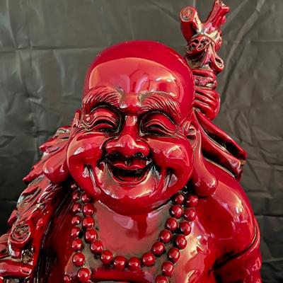 Large 2 Ft Tall Red Lacquer Wood Asian Smiling Buddha Man Statue