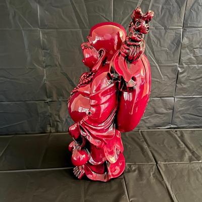 Large 2 Ft Tall Red Lacquer Wood Asian Smiling Buddha Man Statue