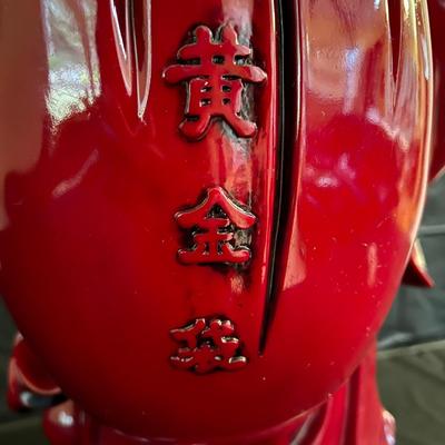 Large 2 Ft Tall Red Lacquer Wood Asian Smiling Buddha Man Statue