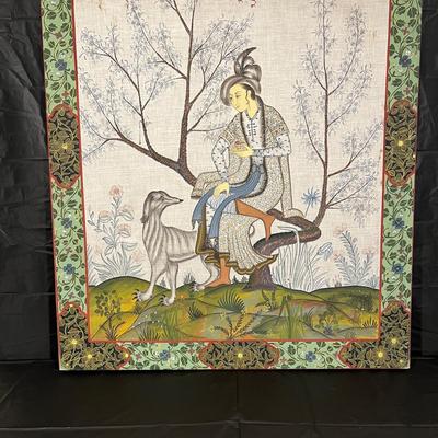 Antique Painted Stretched Fabric Canvas of Sophisticated Asian Woman and Dog