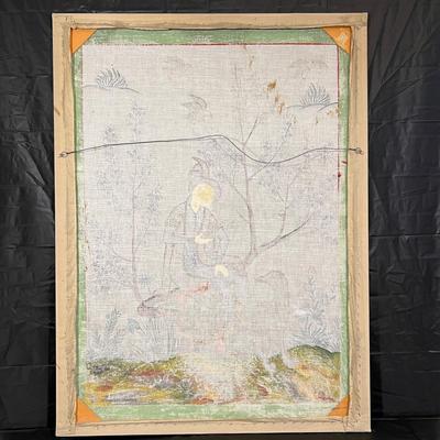 Antique Painted Stretched Fabric Canvas of Sophisticated Asian Woman and Dog