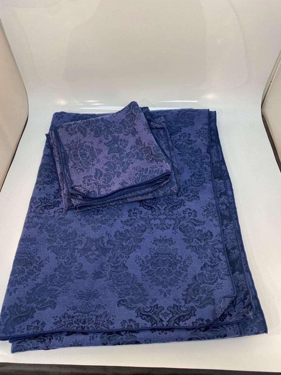 Royal Navy Blue Floral Damask Tablecloth and Dinner Napkin Set