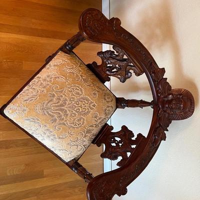 Gorgeous Victorian Carved Wood and Gold Tan Cushion Corner Chair