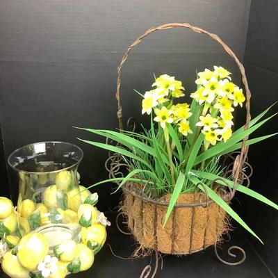 1477 Borrone Lemon Ceramic Centerpiece & Faux Daffodil Basket