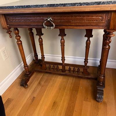 Antique Granite Top Carved Wood Accent Table with Drawer