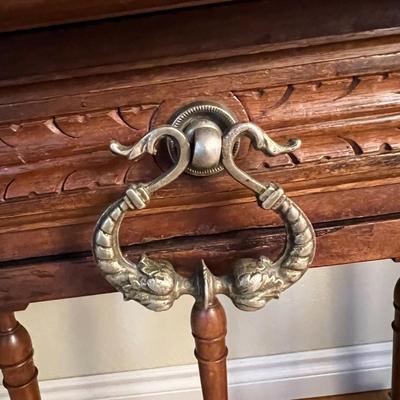 Antique Granite Top Carved Wood Accent Table with Drawer