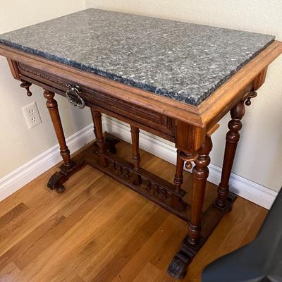 Antique Granite Top Carved Wood Accent Table with Drawer