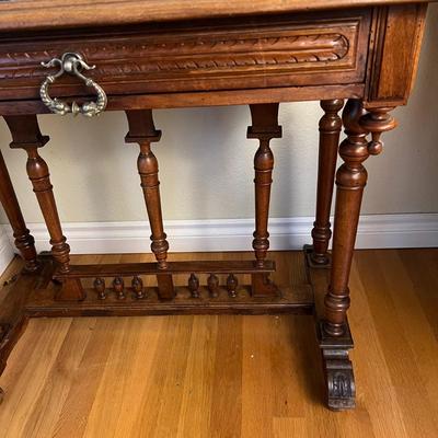 Antique Granite Top Carved Wood Accent Table with Drawer