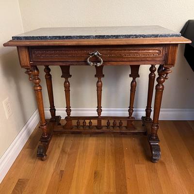 Antique Granite Top Carved Wood Accent Table with Drawer