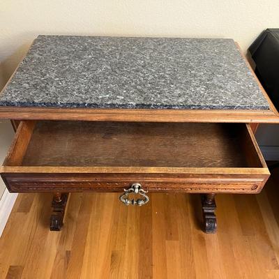 Antique Granite Top Carved Wood Accent Table with Drawer