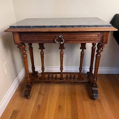 Antique Granite Top Carved Wood Accent Table with Drawer