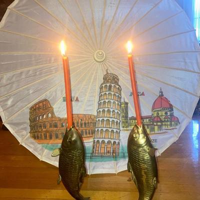 Pair of Brass fish candle holders and parasol