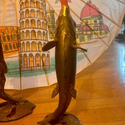 Pair of Brass fish candle holders and parasol