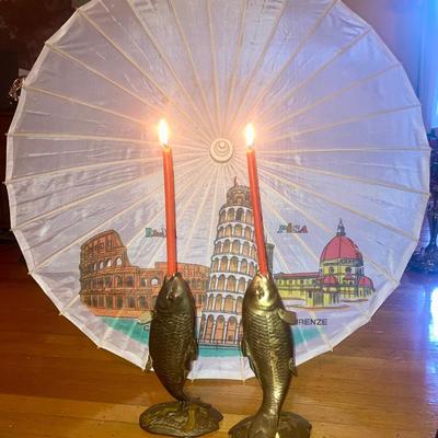 Pair of Brass fish candle holders and parasol