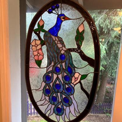 Peacock Stained Glass Oval Window