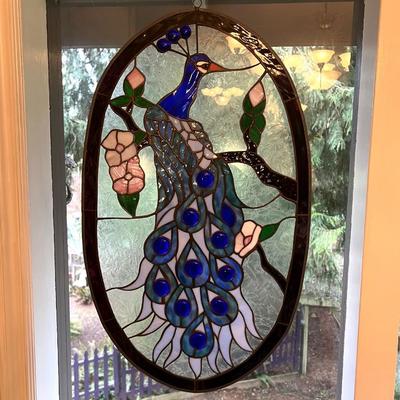 Peacock Stained Glass Oval Window