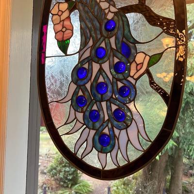 Peacock Stained Glass Oval Window