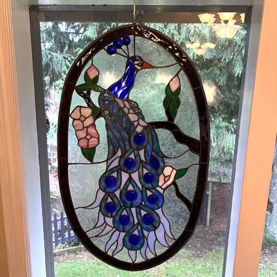 Peacock Stained Glass Oval Window