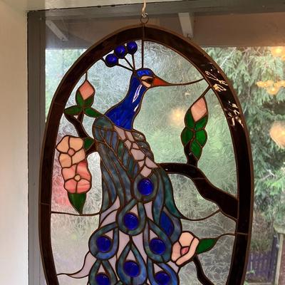 Peacock Stained Glass Oval Window