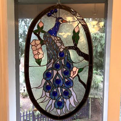 Peacock Stained Glass Oval Window