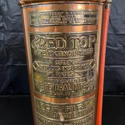 Antique Copper Red Top Fire Extinguisher in Excellent Condition