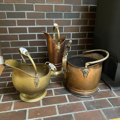 Lot of 3 Antique Copper and Brass Coal Scuttle Buckets with Handles