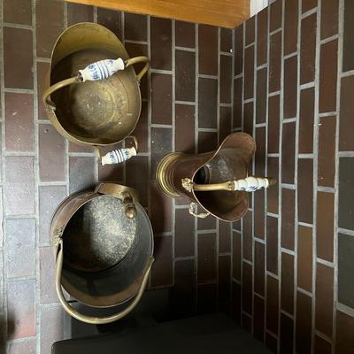 Lot of 3 Antique Copper and Brass Coal Scuttle Buckets with Handles