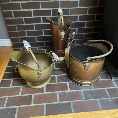 Lot of 3 Antique Copper and Brass Coal Scuttle Buckets with Handles